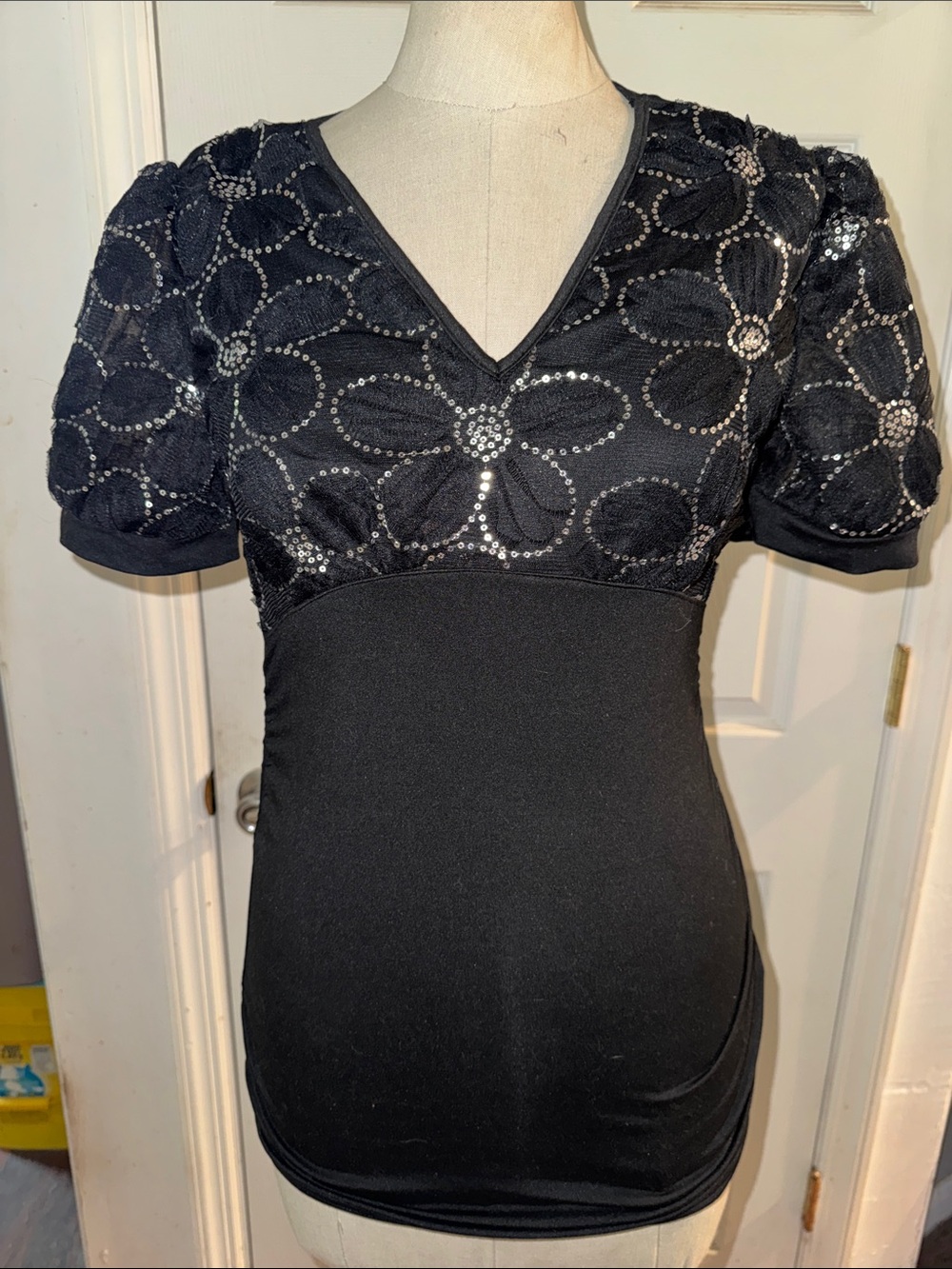 Black Sequin Floral V-Neck Top